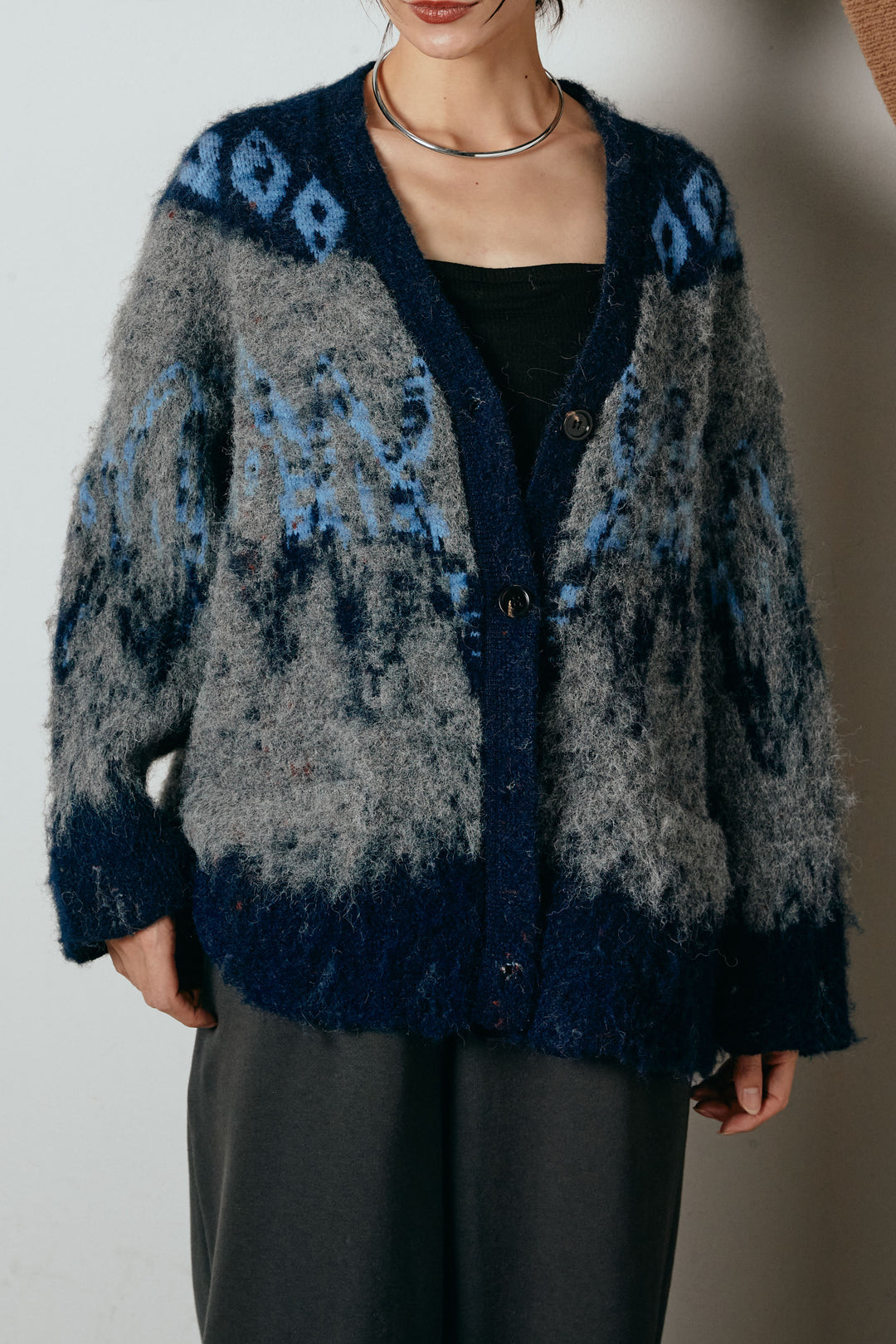 [SET]シャギーニュアンス柄ニットカーディガン+リブナローニットスカート(2set)