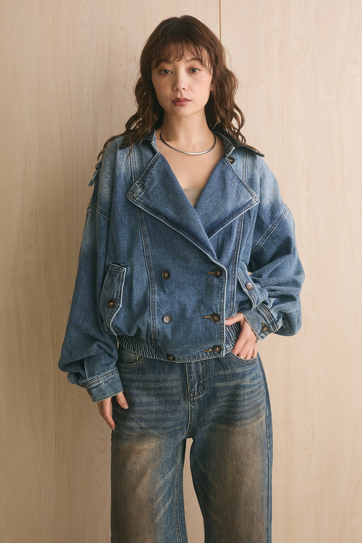 [SET]配色カラーデニムショートトレンチ+レザーライクフラップポケット付きストレートスカート(2set)