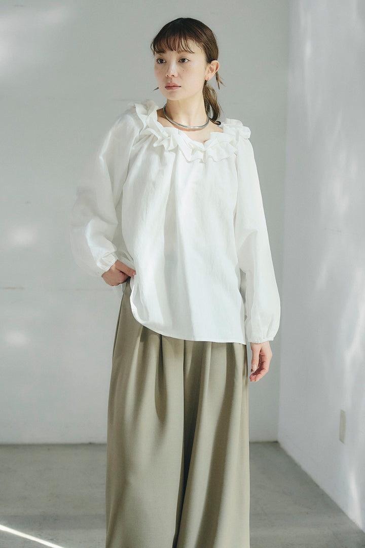 [SET]ネックフリルデザインブラウス+ベルト付きツータックワイドパンツ(2set)