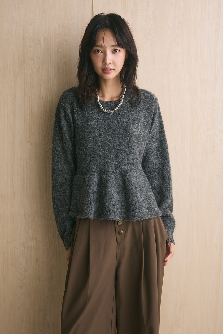 [SET]モヘアぺプラムクルーネックプルオーバー+ファイブボタンツータックワイドパンツ(2set)
