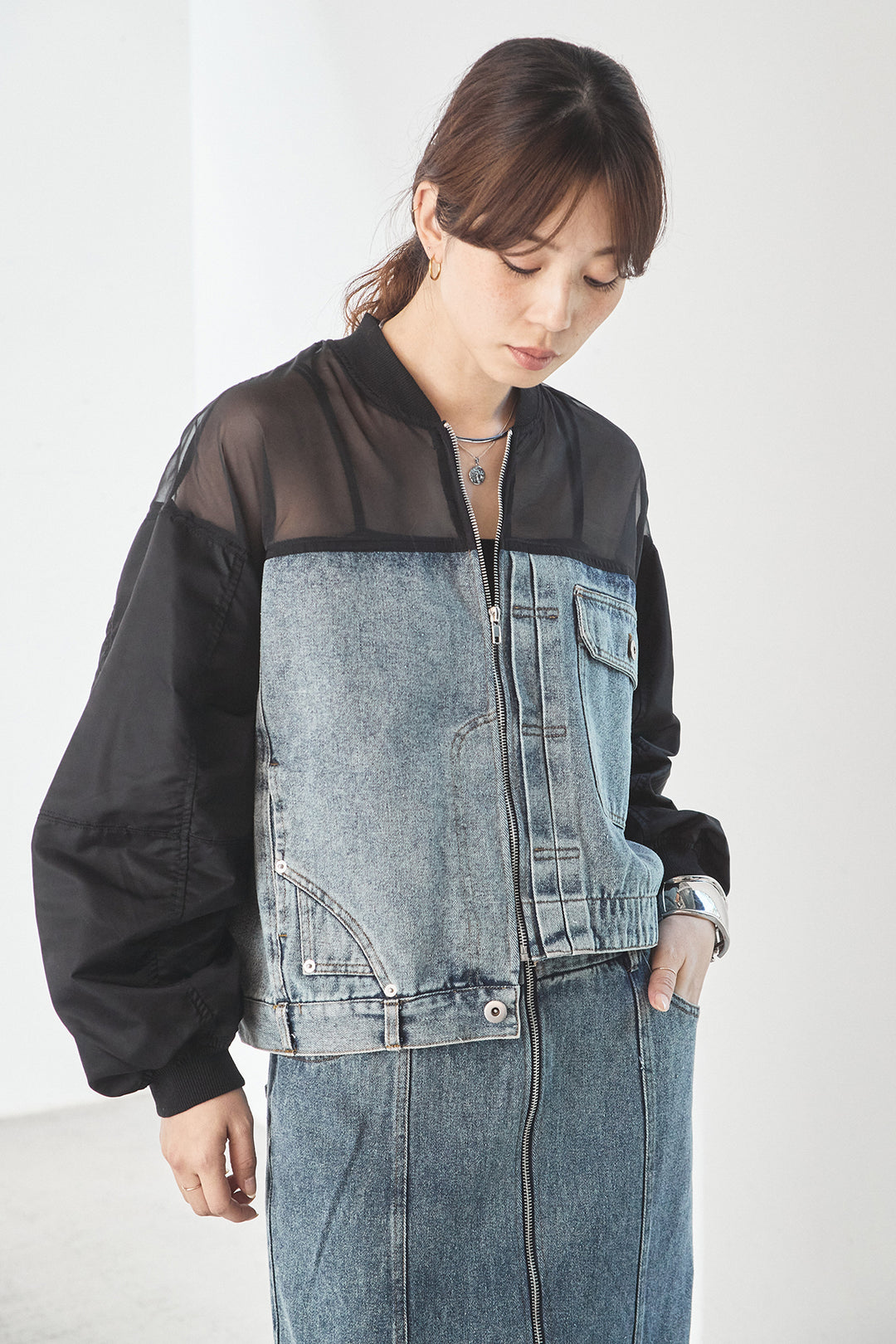 [SET]デニムコンビネーションブルゾン+フロントジップデニムスカート(2set)