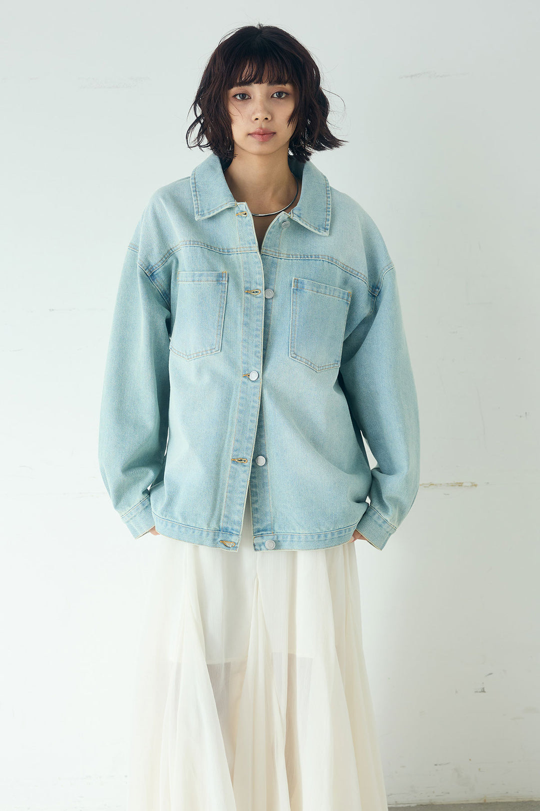 [SET]デニムオーバーサイズジャケット+パッチワークレースイージーパンツ+パッチワークレースショート丈フードシャツ(3set)