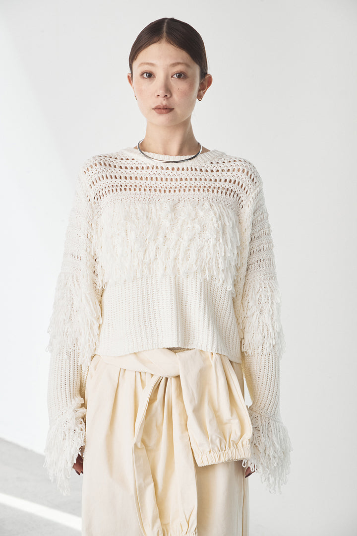 [SET]メッシュフリンジ切り替えプルオーバー+合繊ツイルスタンドウエスト巻きジョガーパンツ(2set)