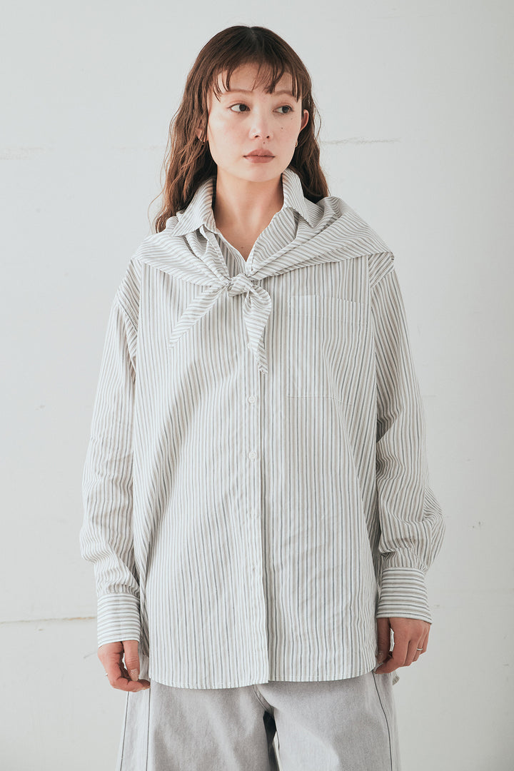 [SET]ランダムストライプスカーフ付きシャツ+デニムハーフパンツ(2set)