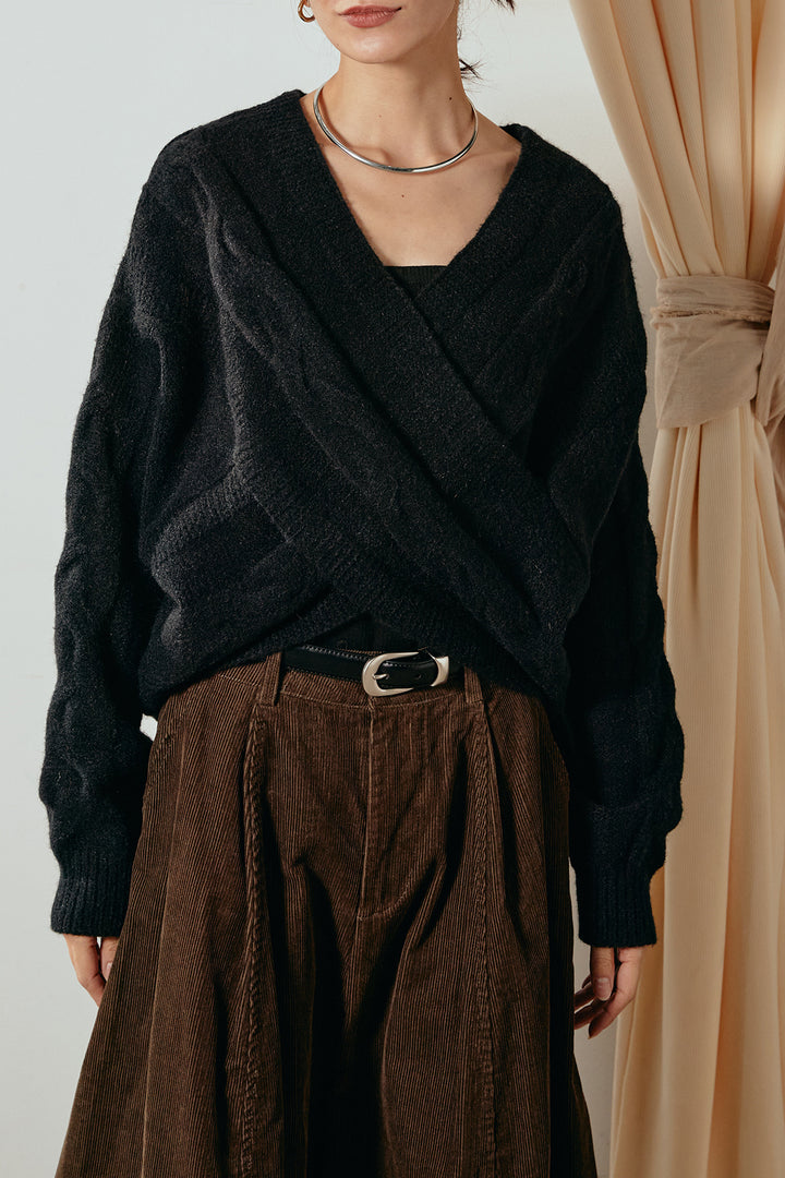 ケーブルカシュクールニットトップス