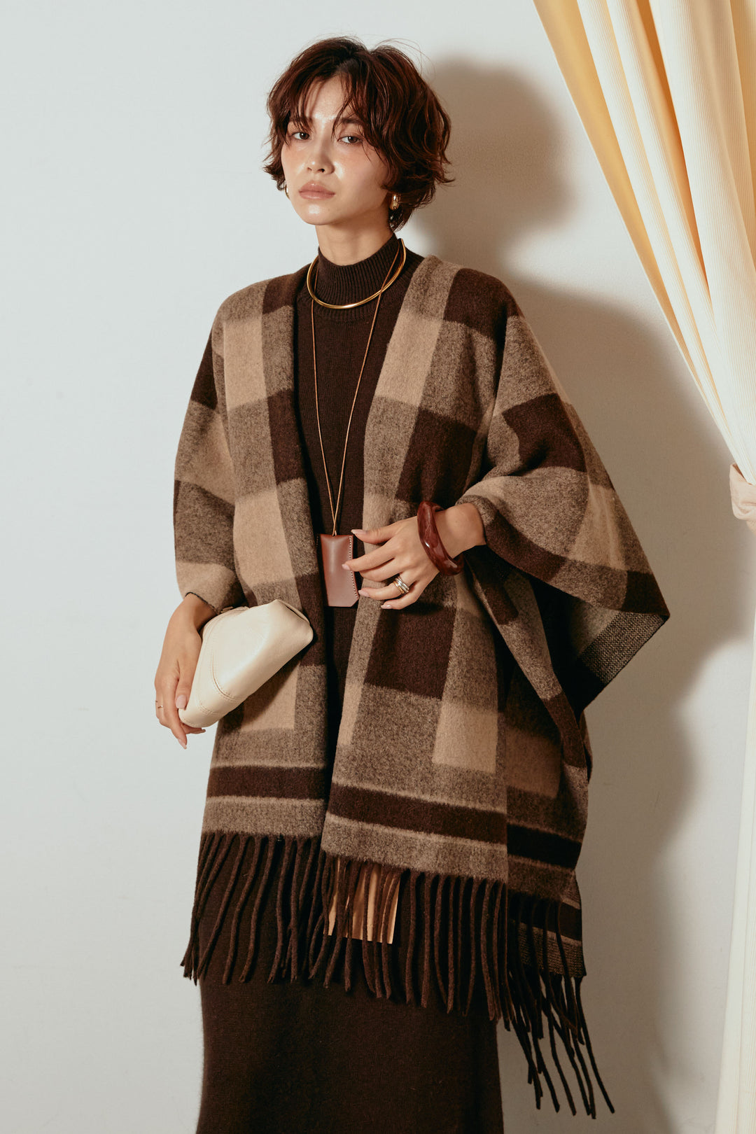 [SET]裾フリンジ柄ポンチョアウター+ノースリーブニットロングワンピース(2set)