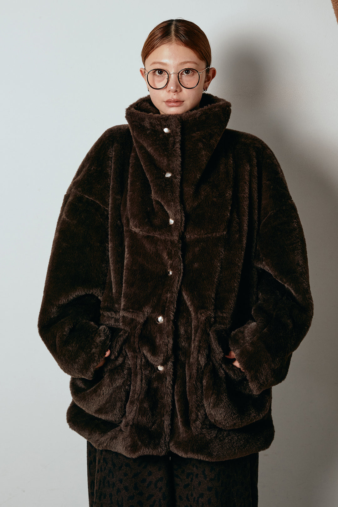 [SET]スタンドネックファーコート+フェイクレザー太ベルト付きタックワイドパンツ(2set)