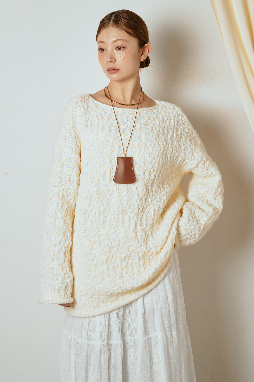 [SET]ボリューム編みニットプルオーバー+ひげレース切替ロング丈スカート(2set)