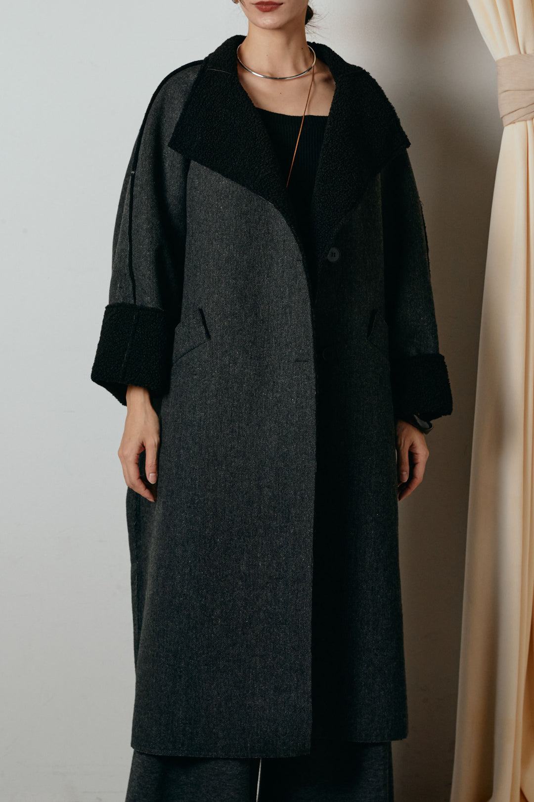 [SET]裏地ボアハイネックロングアウター+フェイクレザー太ベルト付きタックワイドパンツ(2set)