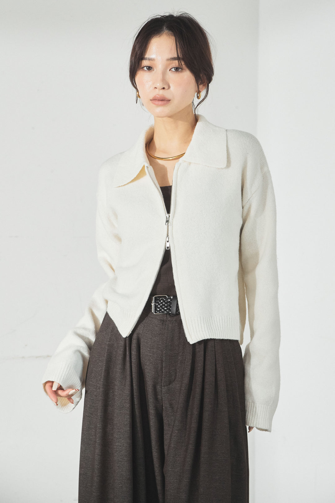 衿付きWジップニットカーディガン/ネイビー