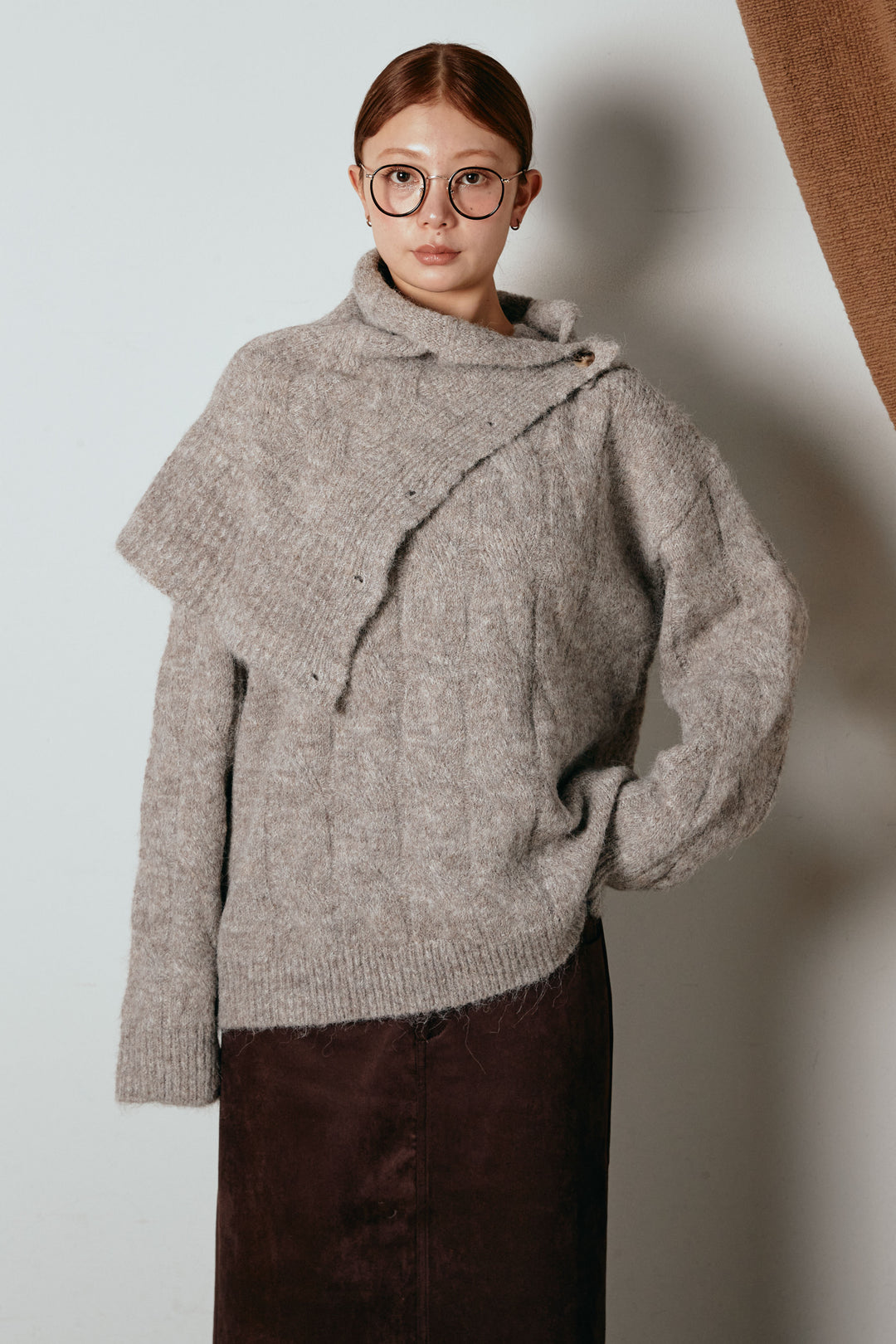 [SET]ケープデザインケーブルニットトップス+グレンチェック柄フロントジップタイトスカート(2set)