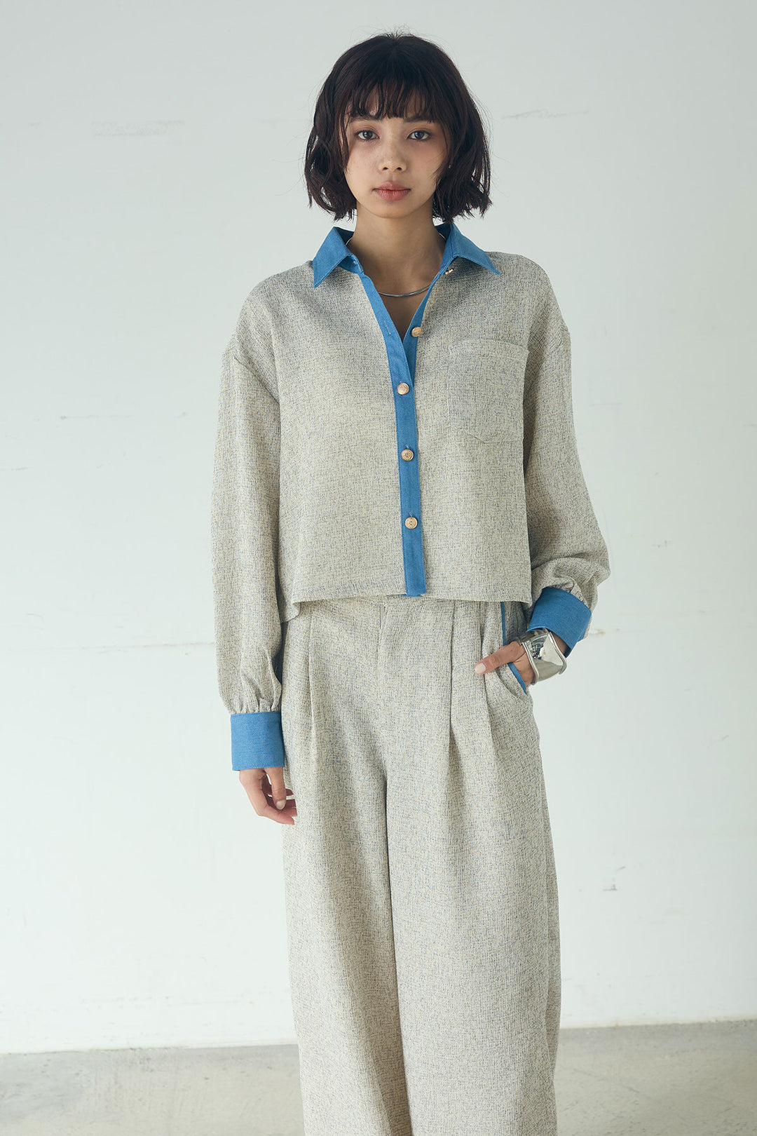 [SET]ツイード×デニムショート丈シャツ+ツイード×デニムハイウエストラインロングパンツ(2set)