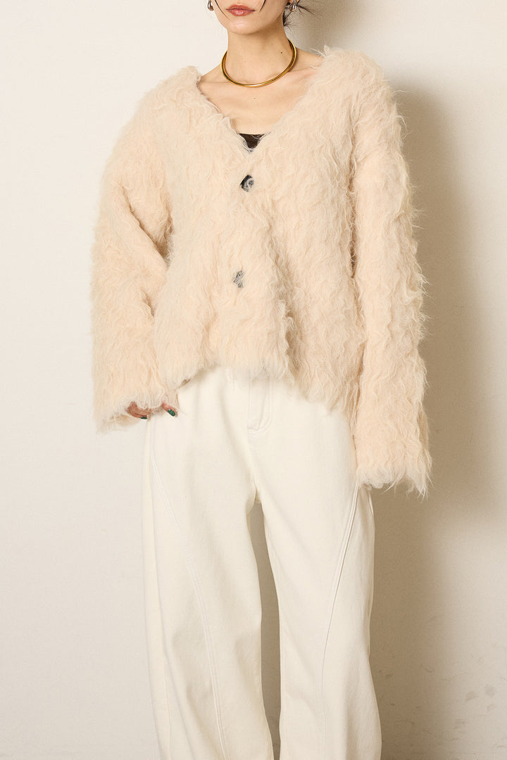 [SET]起毛シャギーニットカーディガン+センターラインニットパンツ+レース切り替えキャミソール(3set)