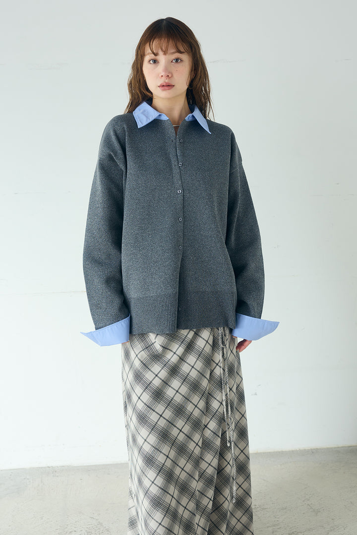 [SET]シャツレイヤード風カーディガン+レイヤードニット巻きスカート(2set)