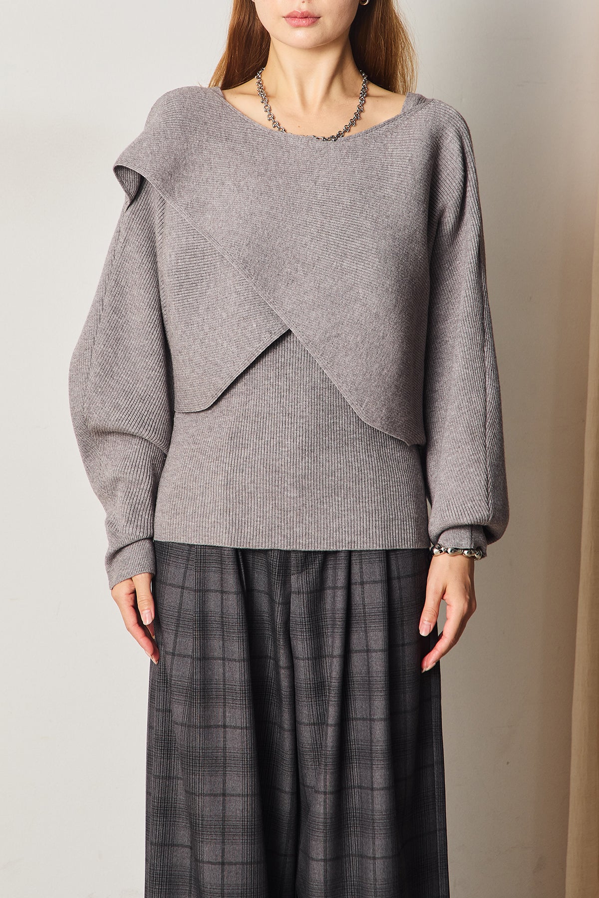 SET]タンク付きクロスデザインニットプルオーバー+タック入り