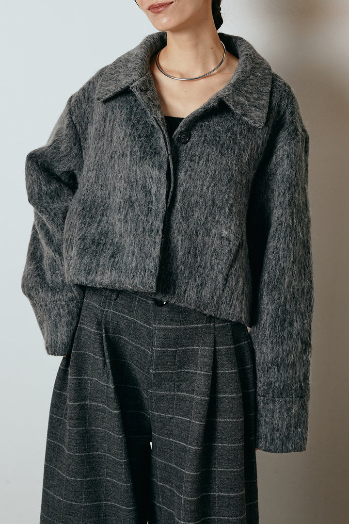 [SET]シャギーショートジャケット+スクエアチェック柄ワイドパンツ(2set)
