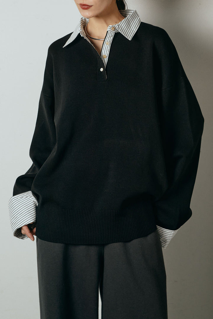 [SET]ストライプシャツドッキングポロトップス+ポーチベルト付きコーデュロイワイドスカート(2set)