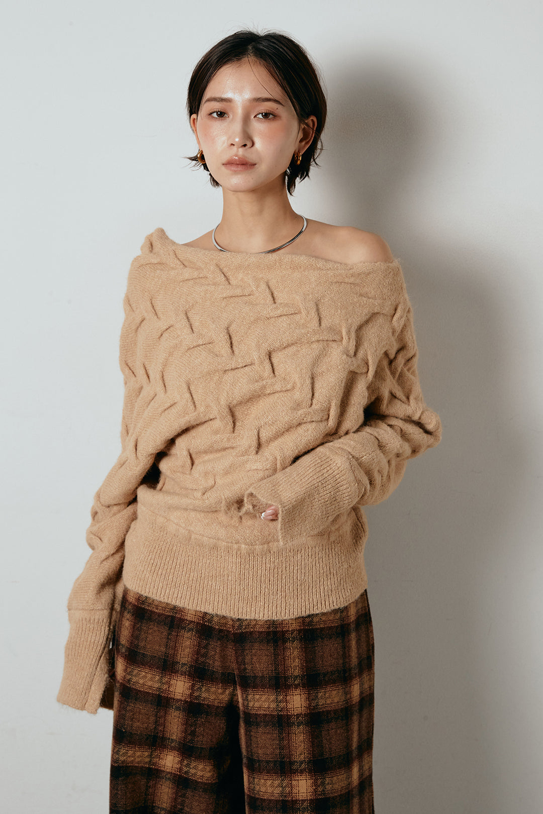 [SET]ボートネックニットトップス+ルーズタータンチェックワイドパンツ(2set)