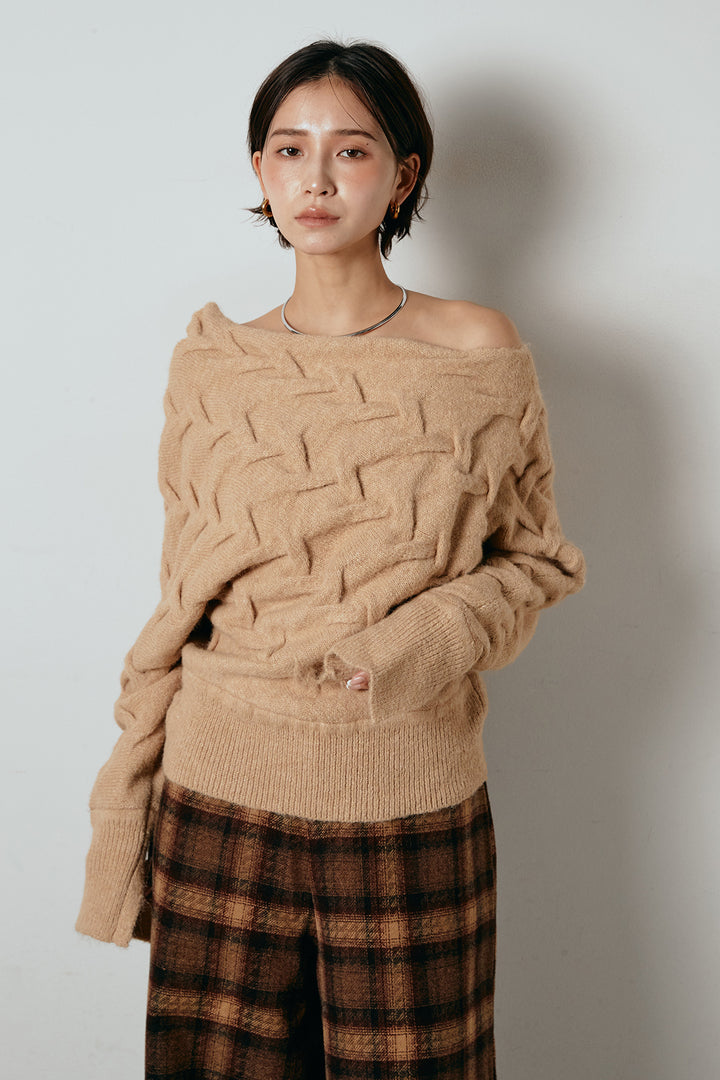 [SET]ボートネックニットトップス+ルーズタータンチェックワイドパンツ(2set)