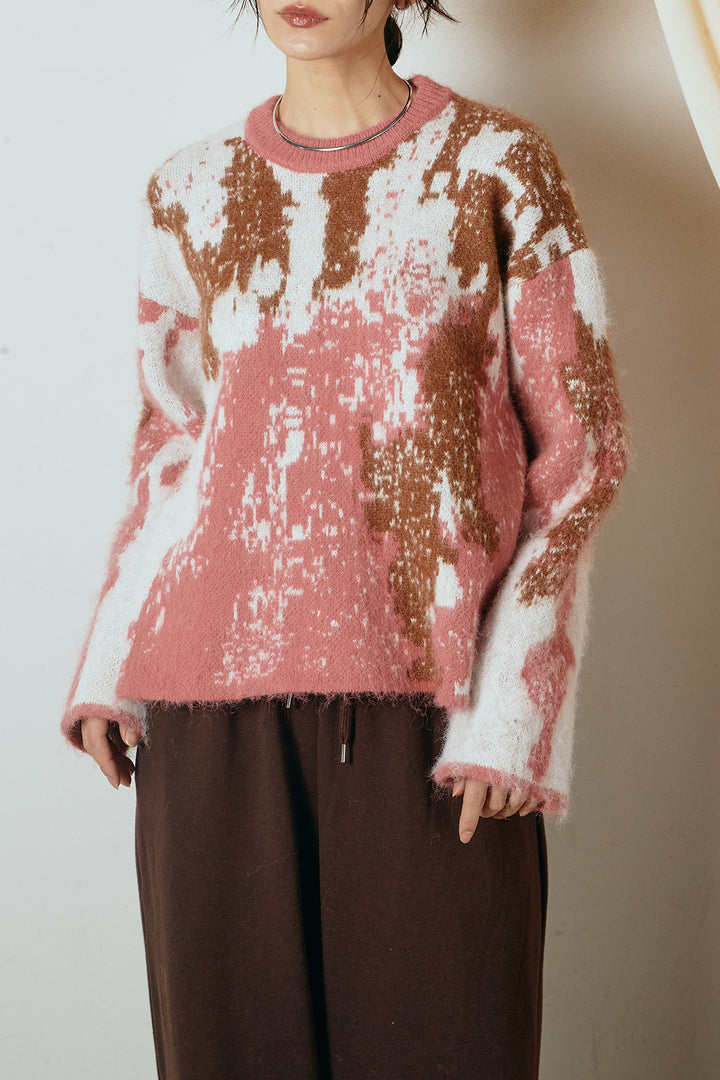 [SET]起毛ニュアンス柄ニットプルオーバー+ファーベルト付きワイドパンツ(2set)