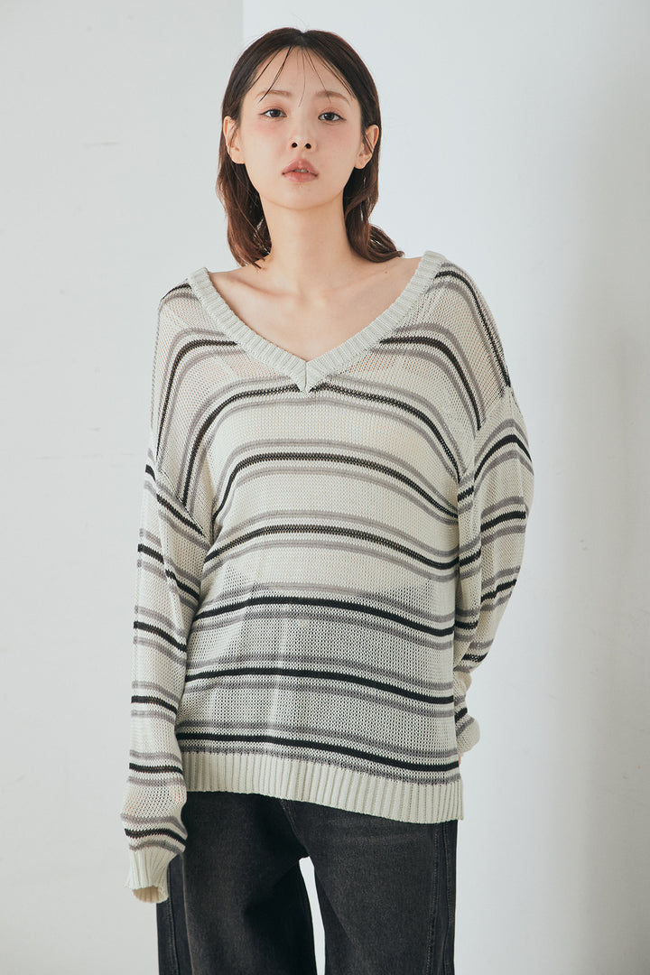 [SET]綿タッチVネックボーダートップス+ウォッシャブルエコレザータックパンツ(2set)