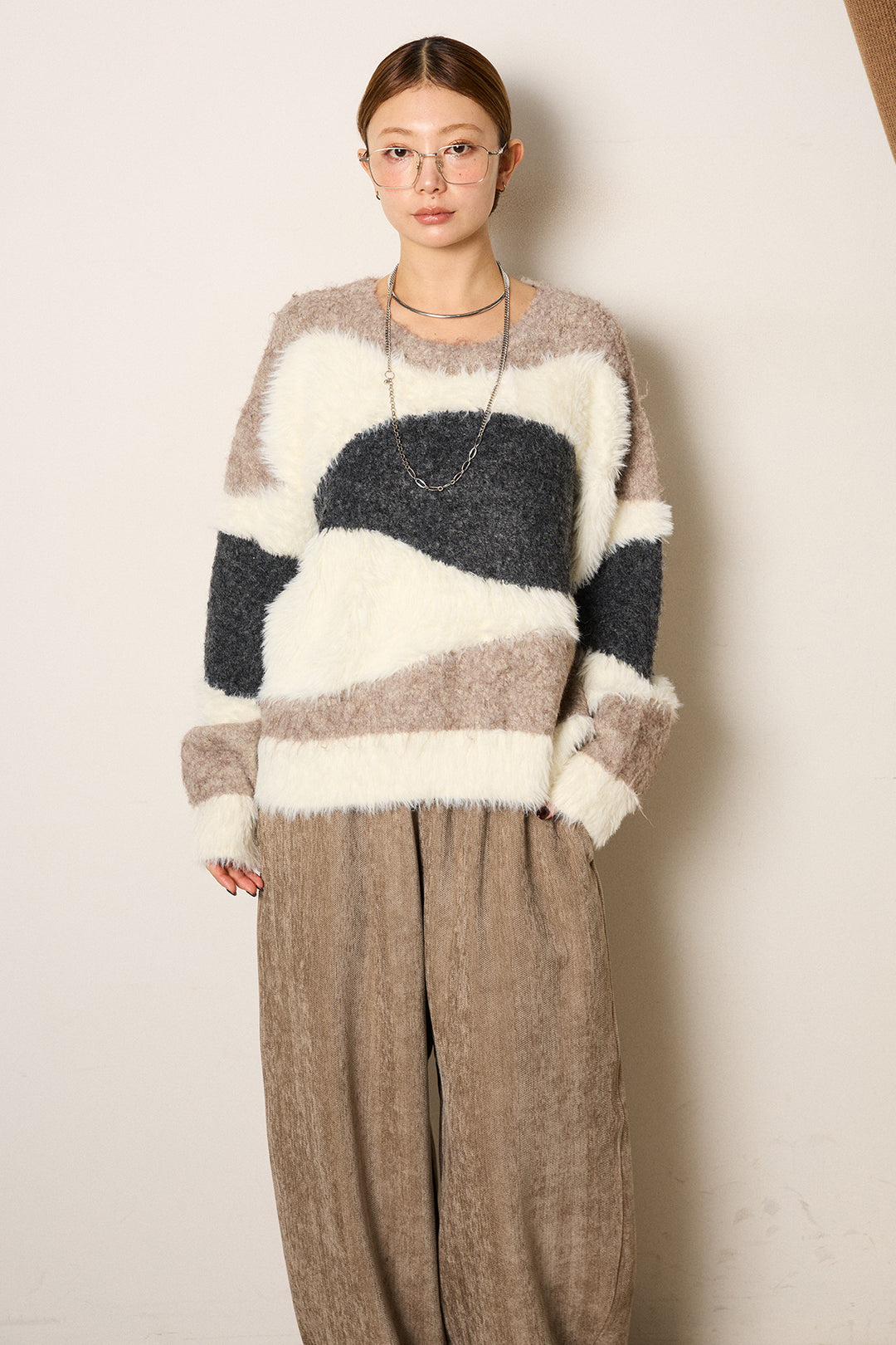 [SET]シャギーウェーブ柄クルーネックニットトップス+かすれデザインワイドパンツ(2set)