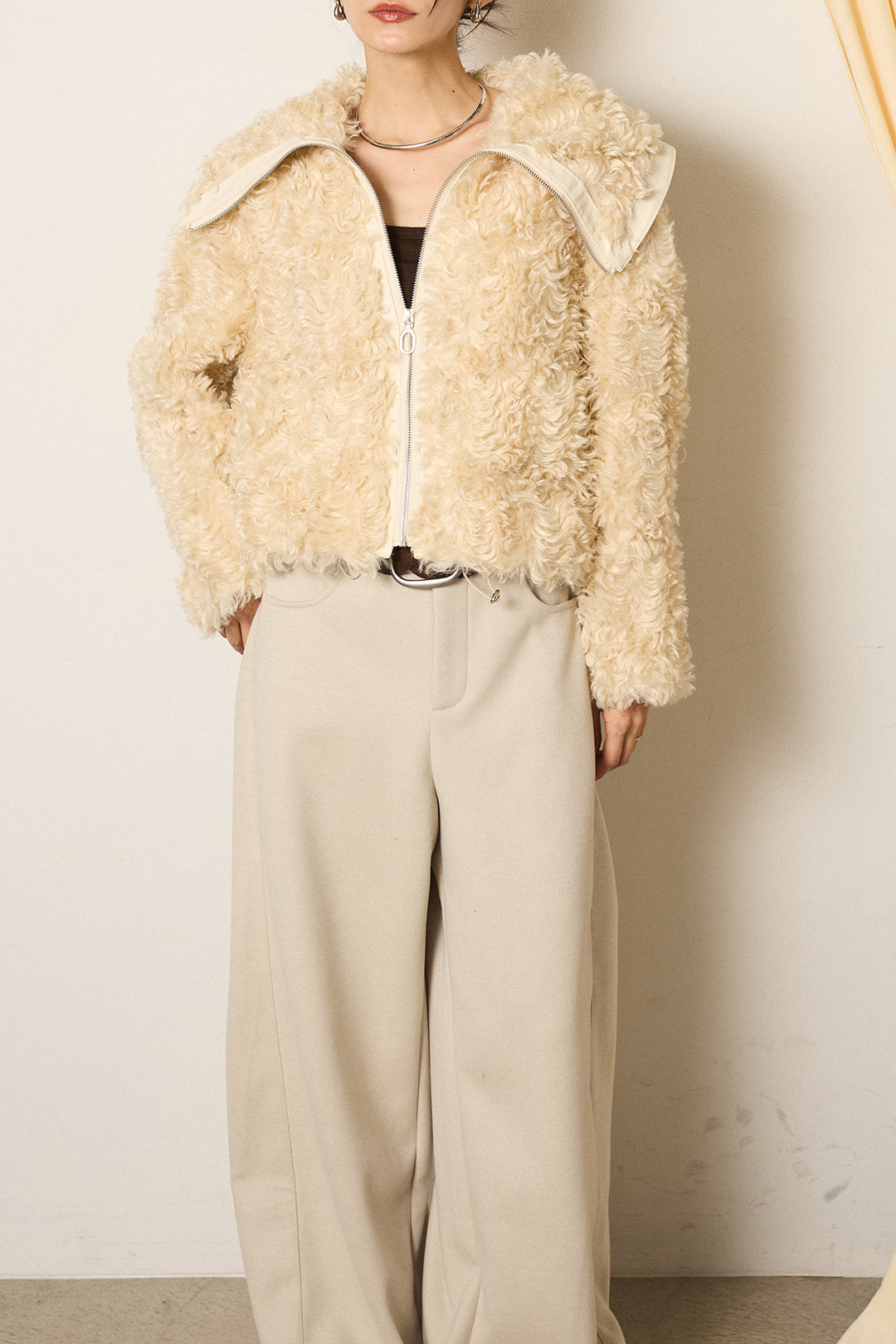 [SET]ビッグカラープードルボアアウター+編みベルト付きワイドパンツ(2set)