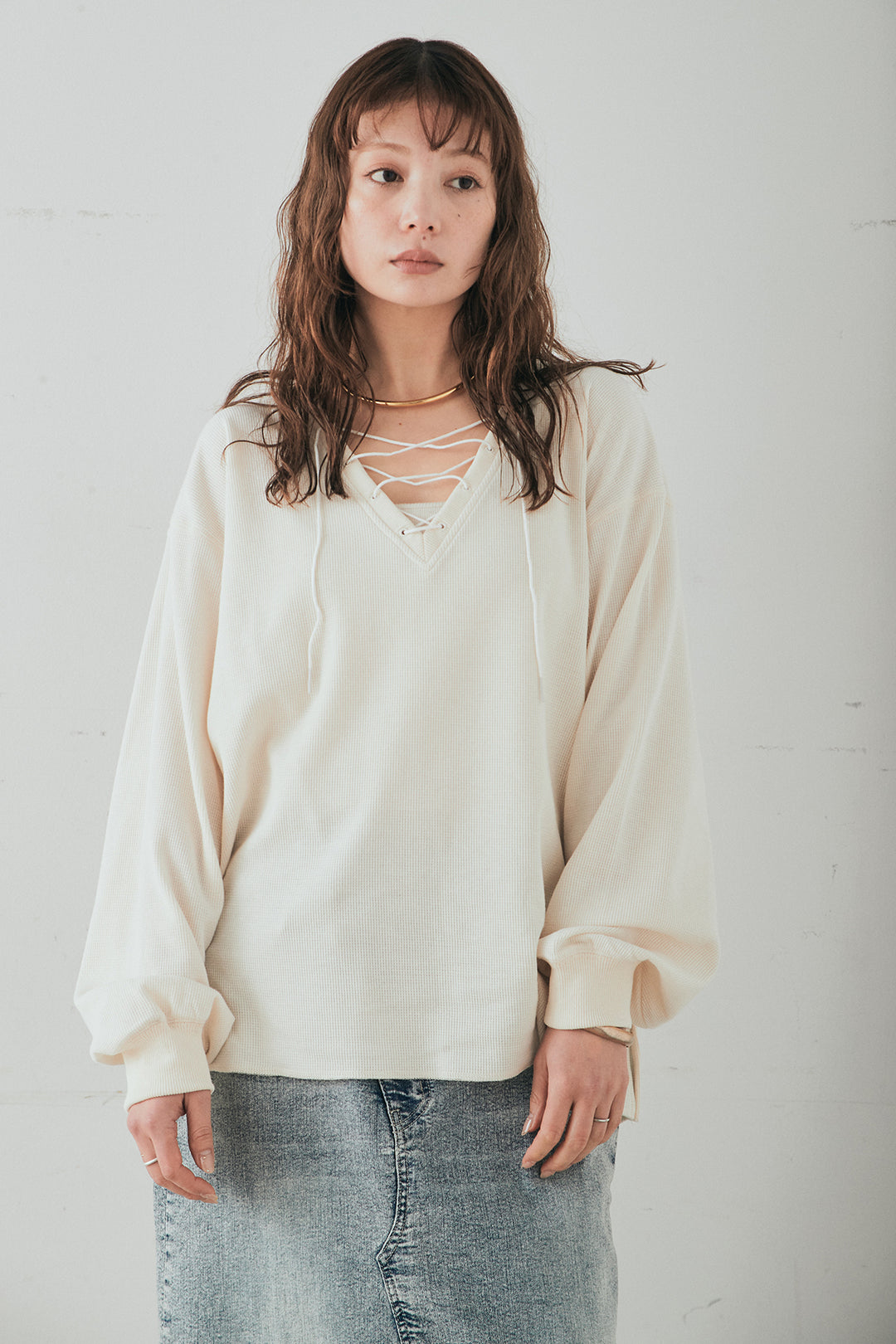 [SET]レースアップワッフルボーダートップス+ウエストクロスデニムタイトスカート(2set)