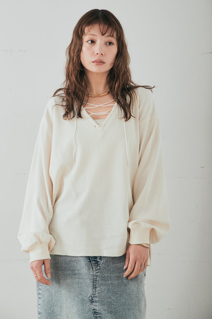 [SET]レースアップワッフルボーダートップス+ウエストクロスデニムタイトスカート(2set)