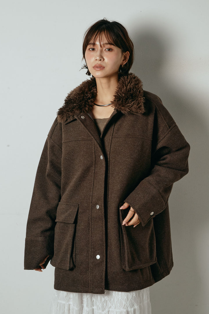 [SET]エコウール衿ファー薄中綿入りミドルカバーオール+ひげレース切替ロング丈スカート(2set)