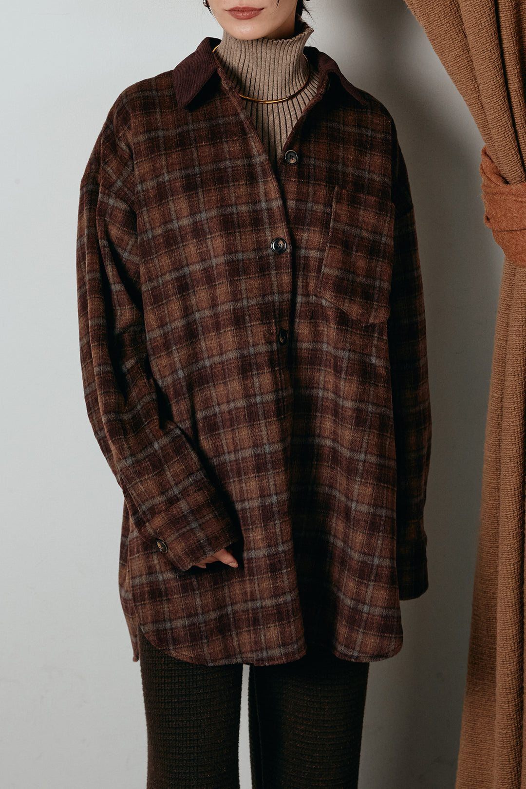 [SET]シャギーチェックシャツジャケット+ワイドリブニットイージーパンツ(2set)