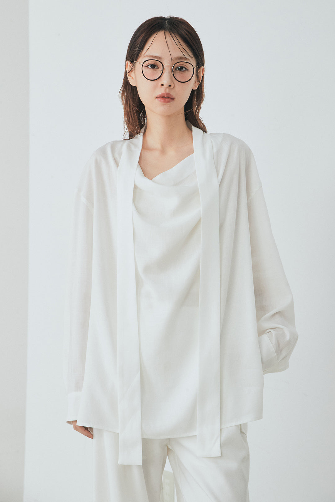 [SET]ニュアンスボータイブラウス+斜めボタンタック入りスラックス(2set)