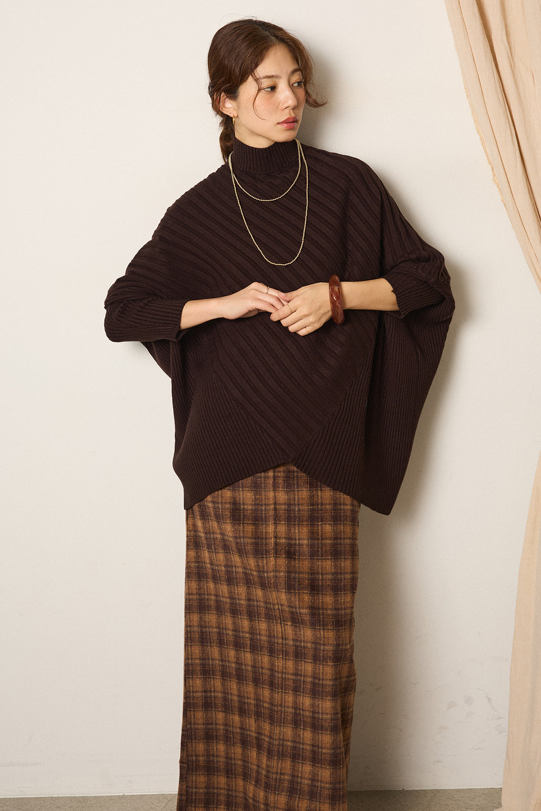 [SET]アシメデザインリブポンチョニットトップス+ウールライクチェックタックパンツ(2set)