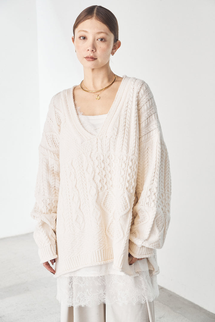 [SET]ケーブルVニットセーター+サテンタックワイドパンツ(2set)