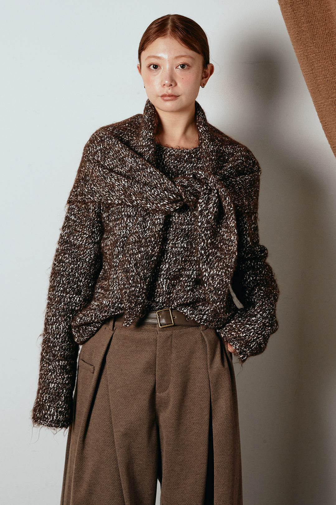 スカーフ付きミックスニットトップス