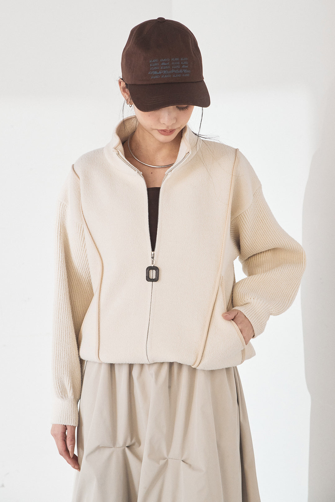 [SET]ハイネックパイピングデザインブルゾン+ランダムタックバルーンスカート(2set)