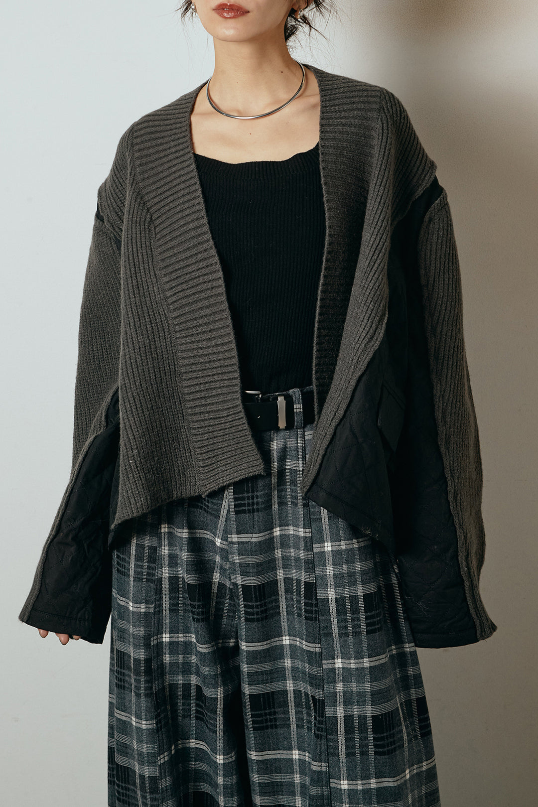 [SET]キルティング切り替えニットカーディガン+ウエストラップ巻きニットスカート(2set)