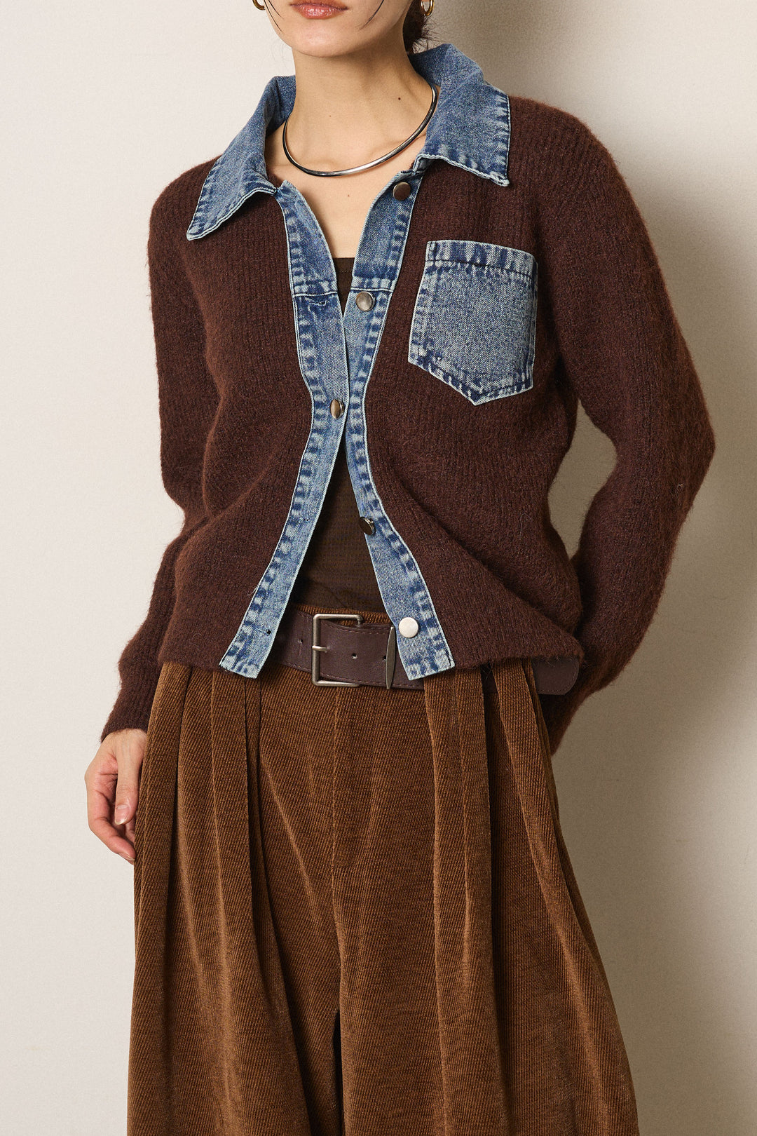 [SET]襟付きデニム切替ニットカーディガン+ベルトループコーデュロイワイドパンツ(2set)