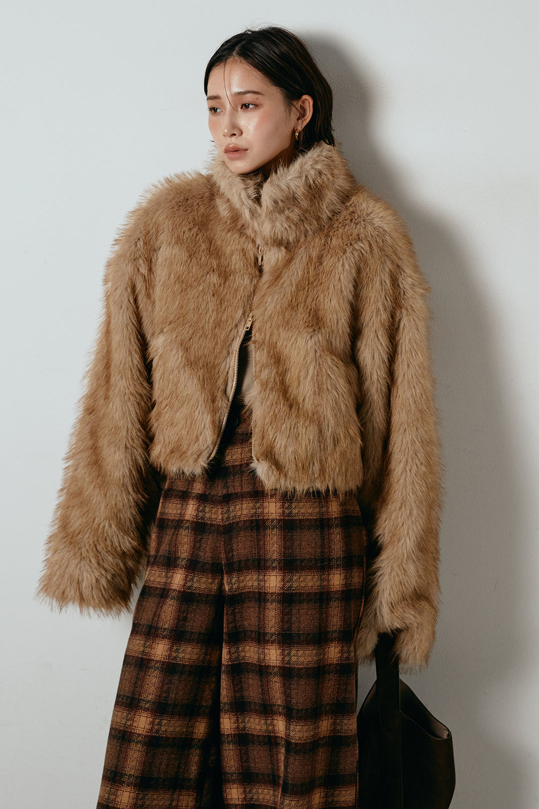 [SET]エコファーショート丈ブルゾン+ルーズタータンチェックワイドパンツ(2set)