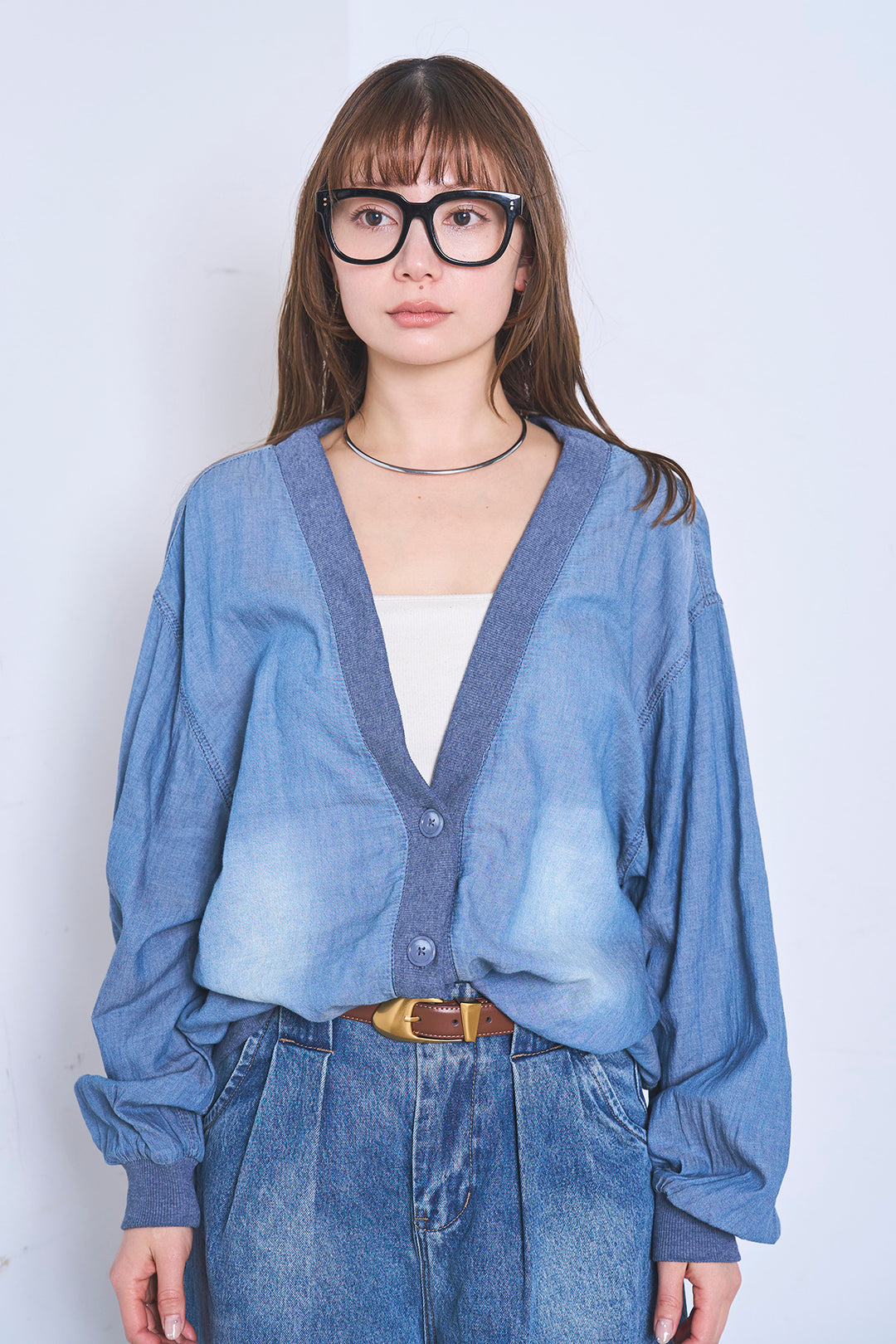 [SET]シアーデニムカーディガン+ベルトループワイドタックデニムパンツ(2set)