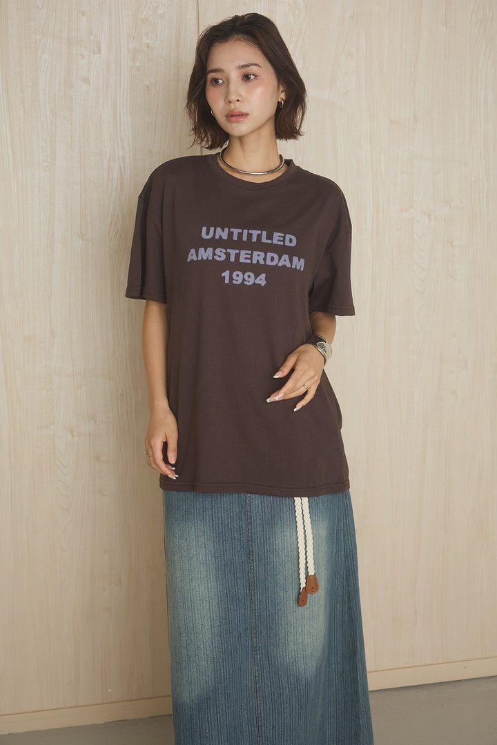 [SET]英字フロントロゴプリントTシャツ+ベルト付きデニムタイトスカート(2set)