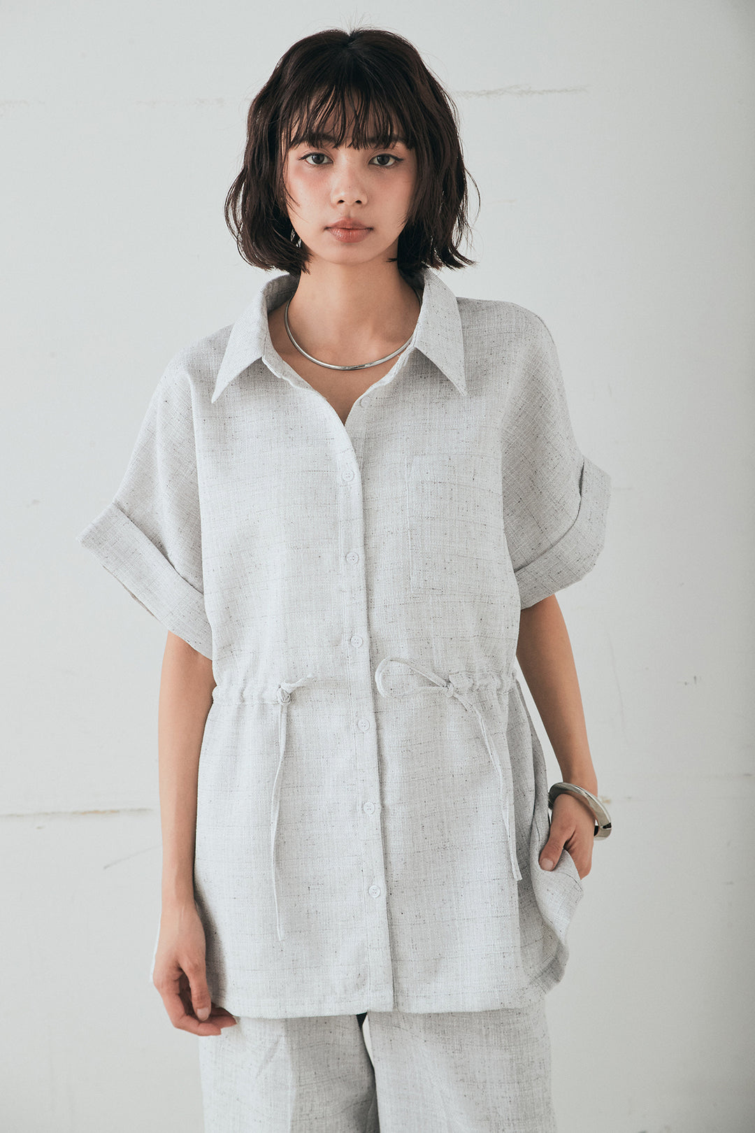 [SET]ツイードウエストドロストシャツ+ツイードタックパンツ(2set)