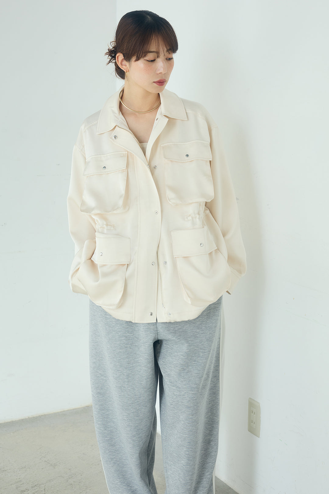 [SET]サテンライトブルゾン+ラップ巻きピンストライプワイドスカート(2set)