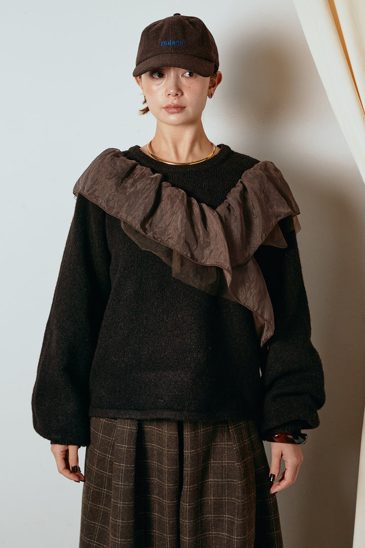 アシンメトリーフリルニットトップス