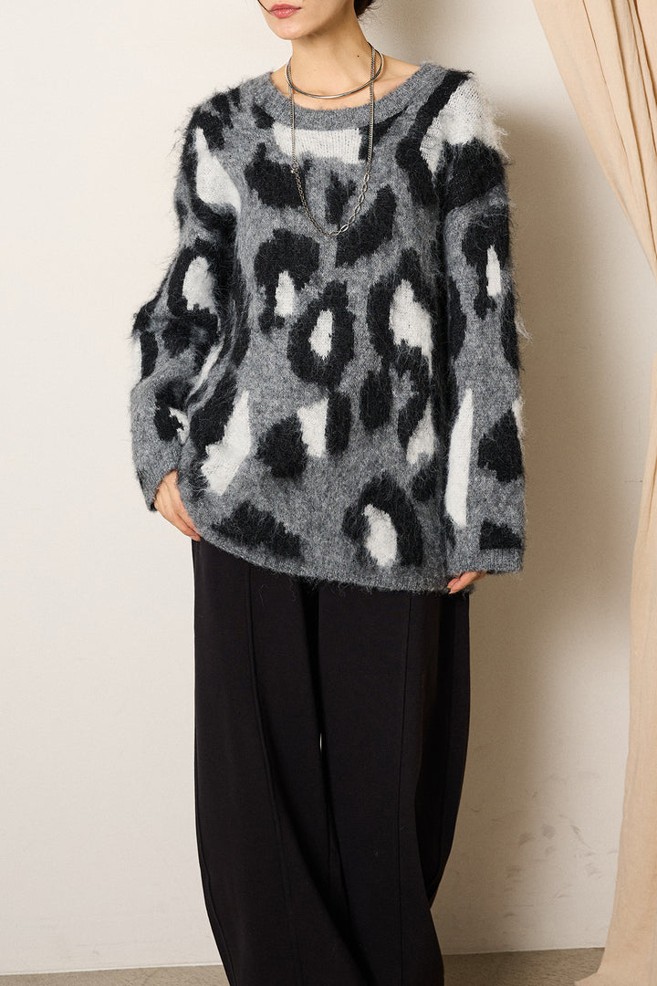 [SET]ルーズアニマルモヘアニットトップス+編み地切り替えフレアニットスカート(2set)