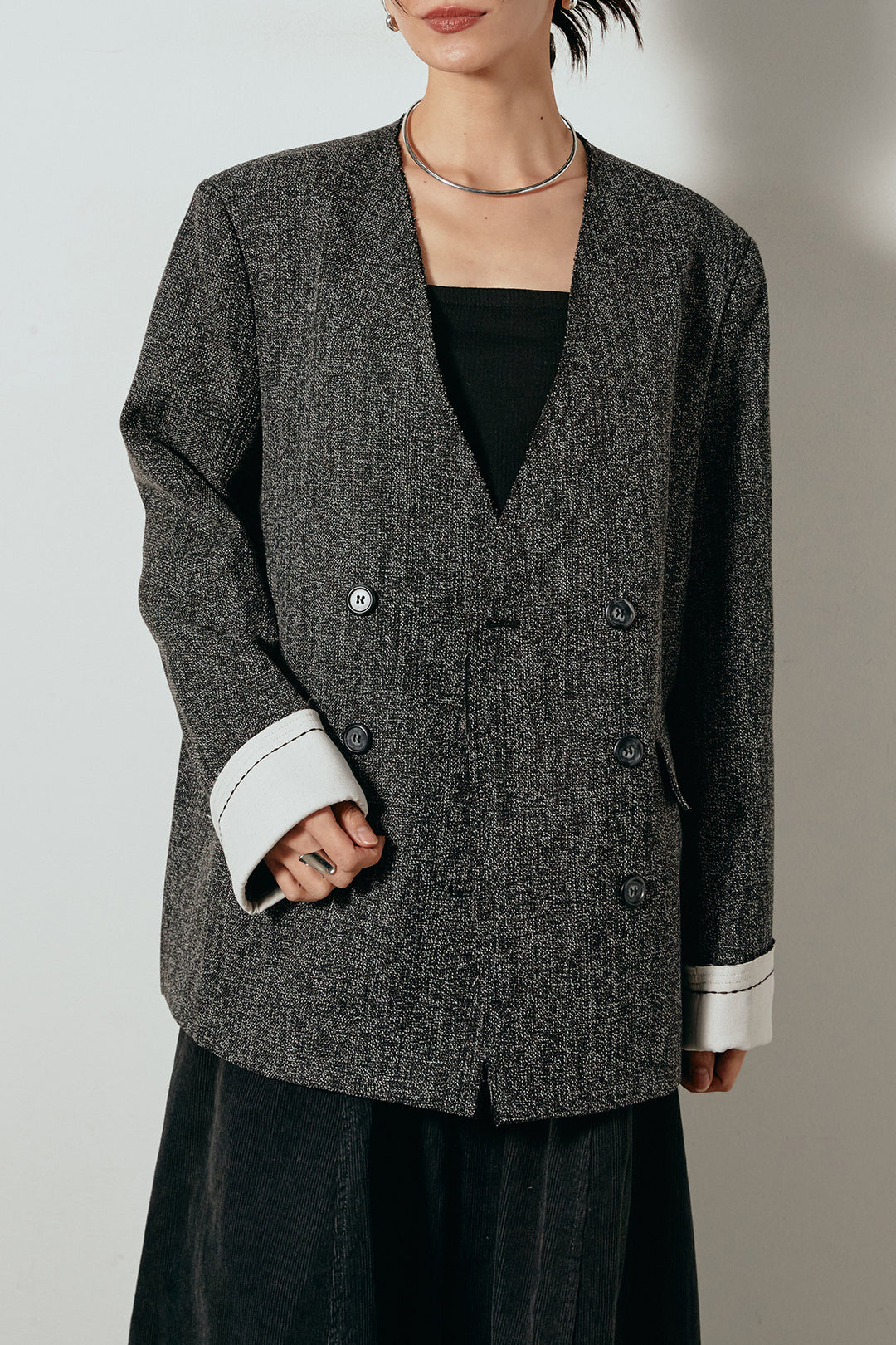 [SET]ノーカラーダブルボタンツイードジャケット+タック入りコーデュロイワイドパンツ(2set)