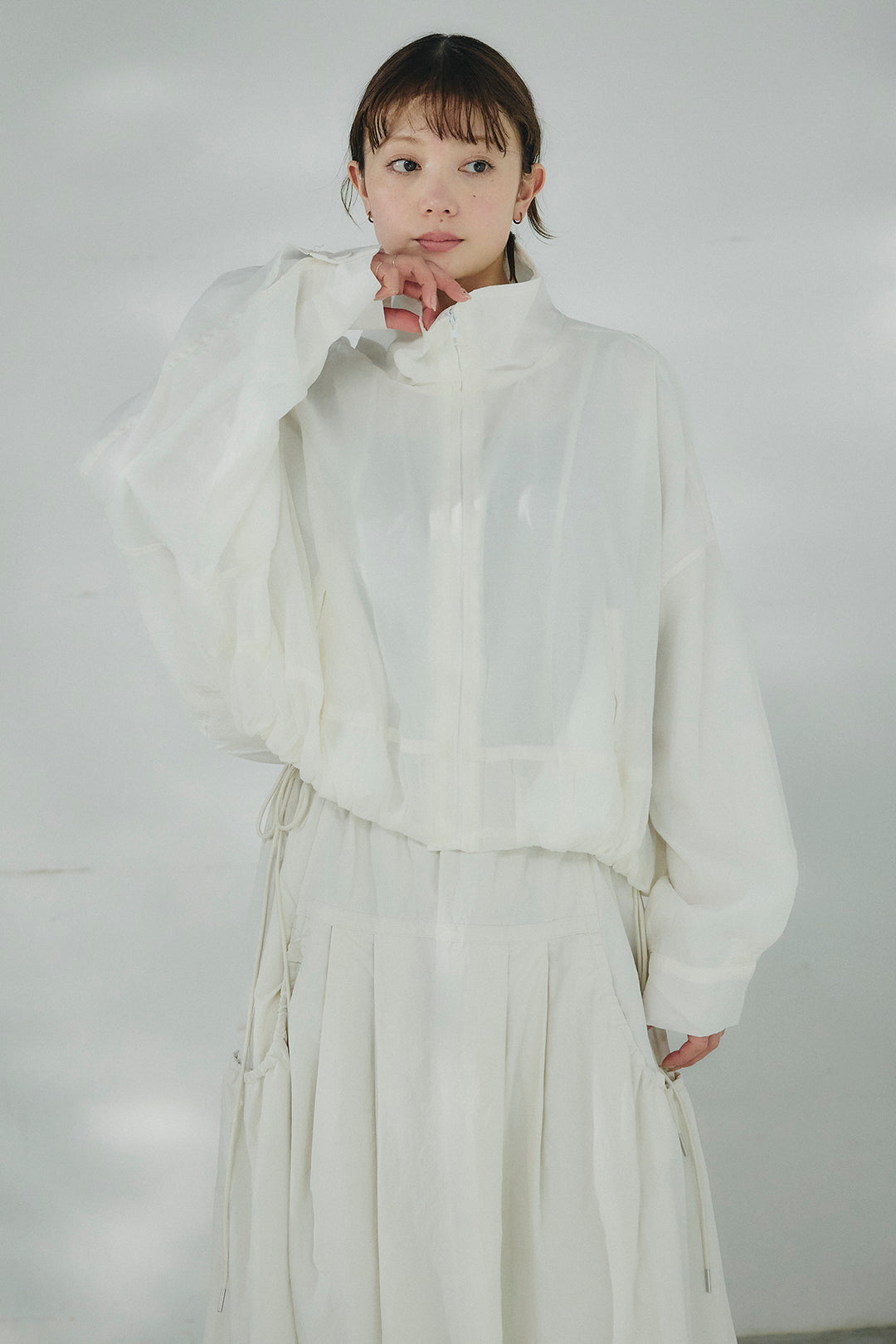 [SET]スタンドネックシアーブルゾン+レースサロペット(2set)