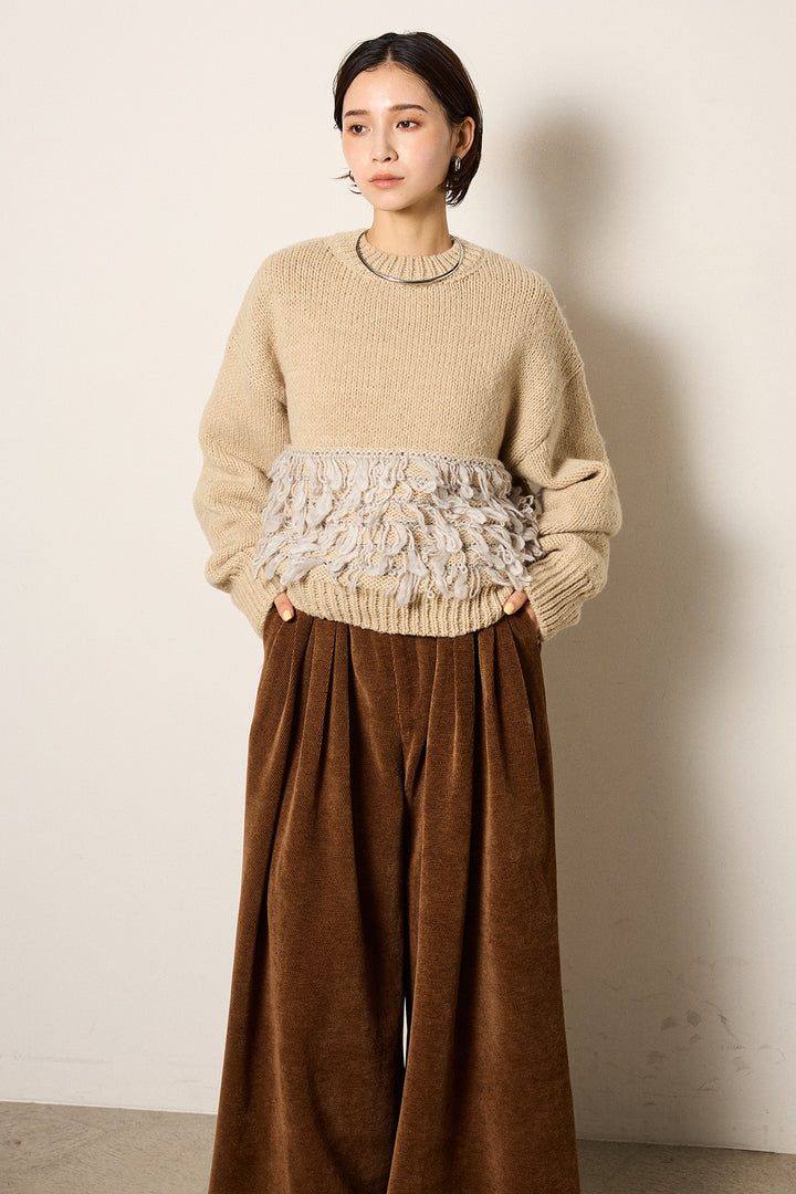 [SET]ループ編み切り替えニットプルオーバー+ベルトループコーデュロイワイドパンツ(2set)