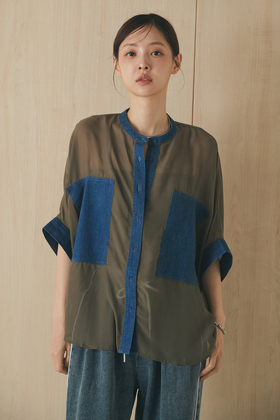 [SET]デニムライクビッグツーポケシアーシャツ+ベルトループデザインハイウエストタックパンツ(2set)