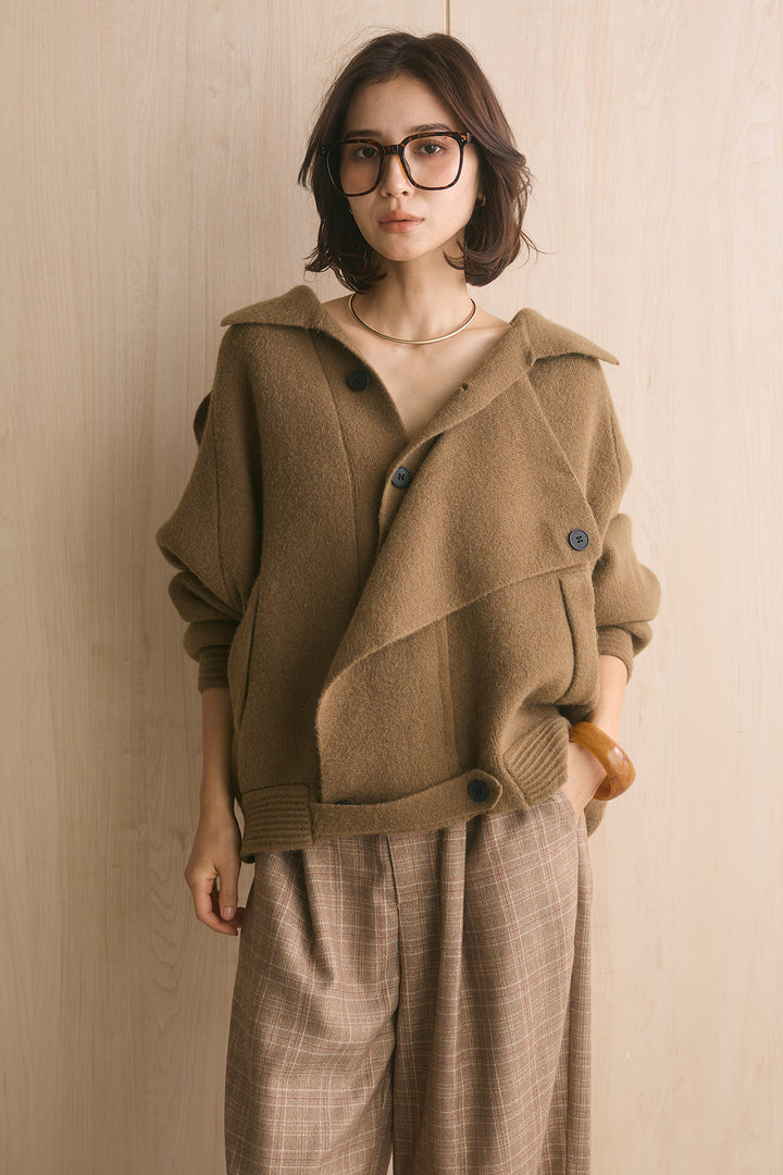 [SET]アシンメトリーデザインオーバーニットアウター+杢調ウィンドペンチェックタックパンツ(2set)